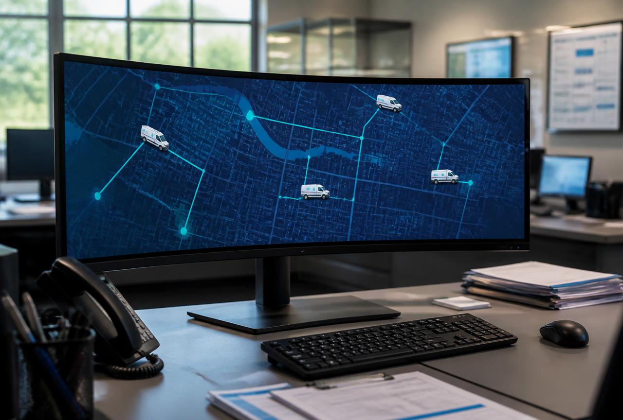 Pantalla de despacho médico mostrando mapa de la ciudad con rutas de ambulancias conectadas